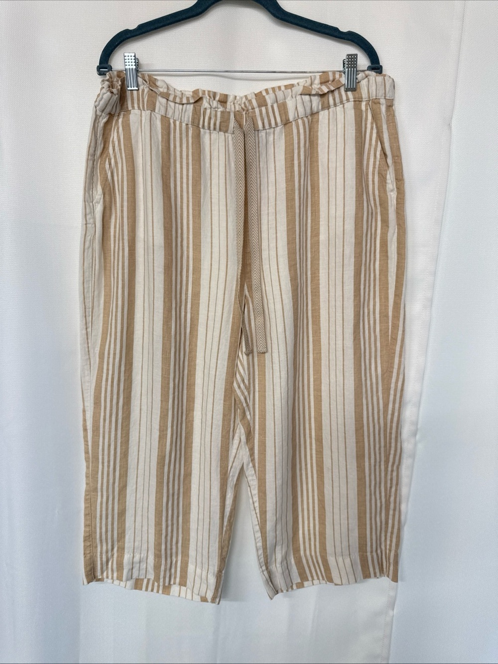 Chico’s Linen Crop Pants Women’s Sz 2.5 (14) PullOn Striped Lagenlook Beach Boho